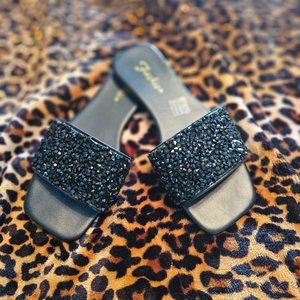 Black Glitter Wide Band Sandals Size 6.5 (37)